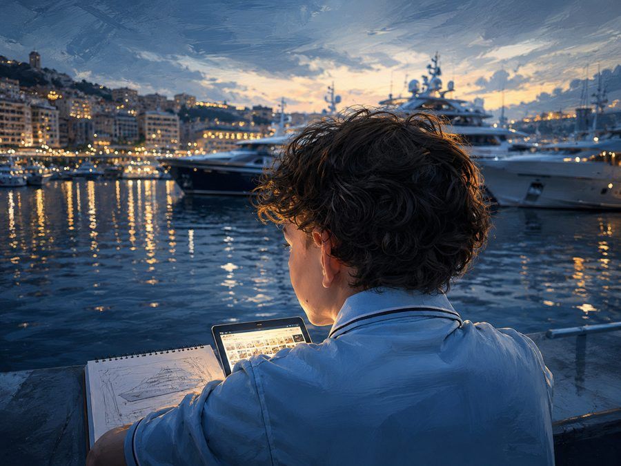 A teenager sits on a harbour wall at dusk with his back to us, a spiral sketchbook of hand-drawn boat designs open on his knee and a tablet of reference photos in his hand. The thing he is drawing is moored in the water right in front of him.