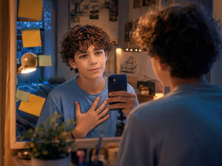 A teenager looks at his own reflection in a bedroom mirror ringed with yellow sticky notes, one hand flat on his chest and the other holding up a phone to record. He is practicing on himself before anyone else hears it.