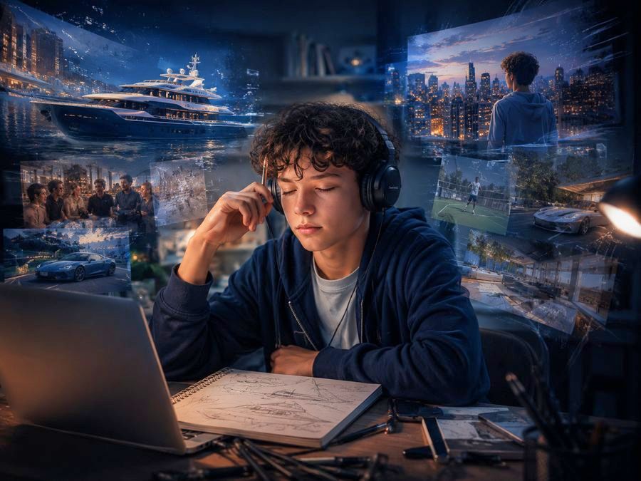 A teenager works at a desk with his eyes shut and a pencil at his temple, headphones on and a sketchbook open in front of him, while imagined scenes hang around him as translucent screens. The rehearsal is happening over the top of the actual work, not instead of it.