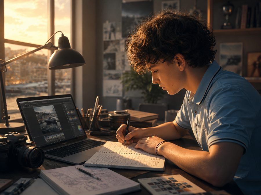 A teenager writes notes by hand beside a laptop running photo-editing software, a camera and lens on the desk, color swatches and diagrams spread around him and the harbour glowing through the window. One skill, practiced at one desk.
