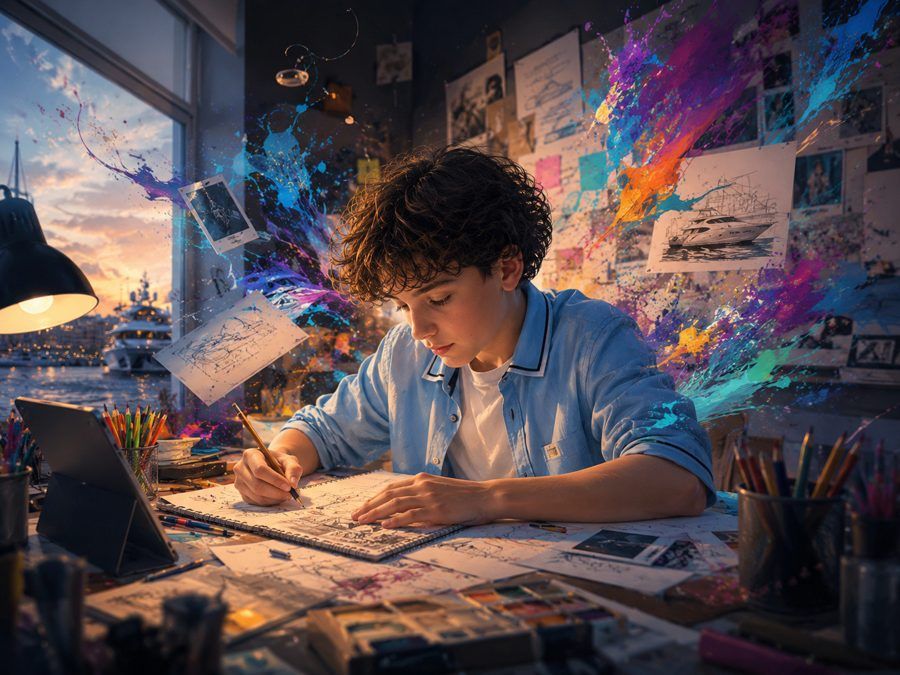 A teenager draws in a sketchbook at a desk crowded with pencils, tablets and pinned photographs, while a burst of colored paint erupts across the wall behind him. The ordinary desk is where the color is coming from.