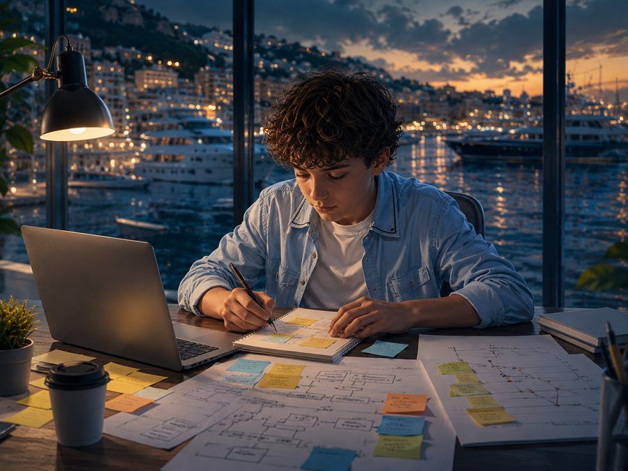 A teenager writes in a notebook at a desk covered with sticky notes and hand-drawn flowcharts, laptop open, harbour lights behind the window. The plan exists on paper, in pieces, before it exists anywhere else.