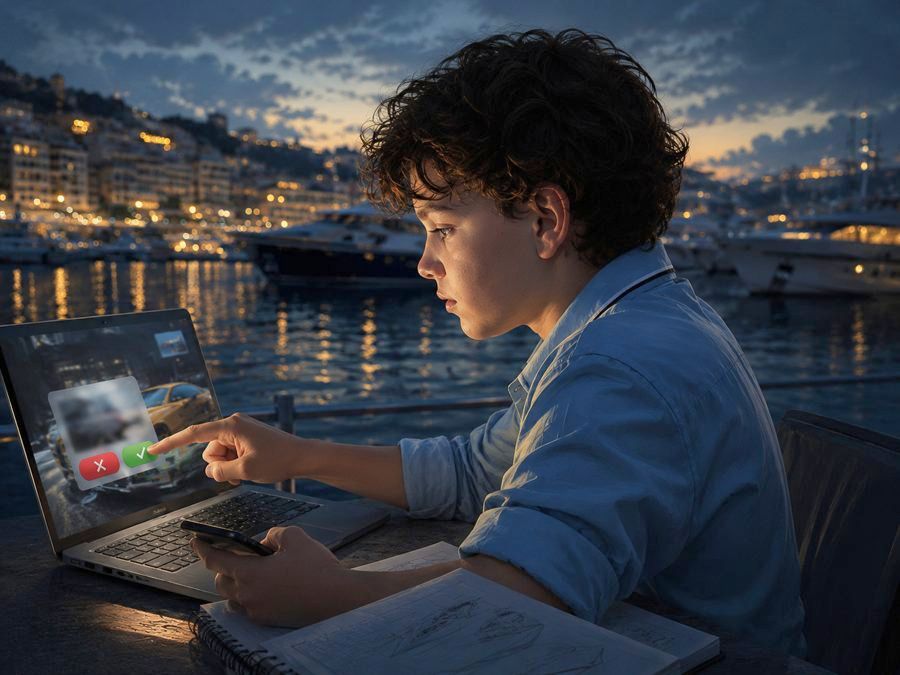 A teenager leans in toward a laptop at a harbourside table at dusk, phone in one hand, pointing at a screen where a listing sits between a red cross and a green tick. He is deciding, not scrolling.