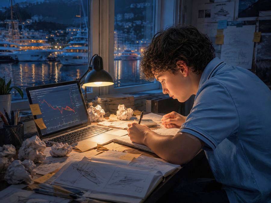 A teenager keeps writing at a cluttered desk late in the evening, screwed-up paper all around him and a laptop showing a chart that falls and keeps falling. The numbers went down; the work did not stop.