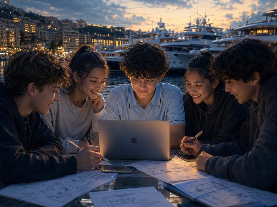 Five teenagers lean in around a single laptop at a harbourside table at dusk, sketches and tablets spread across it, every one of them looking at the same screen. Nobody is presenting to anybody; they are all building.