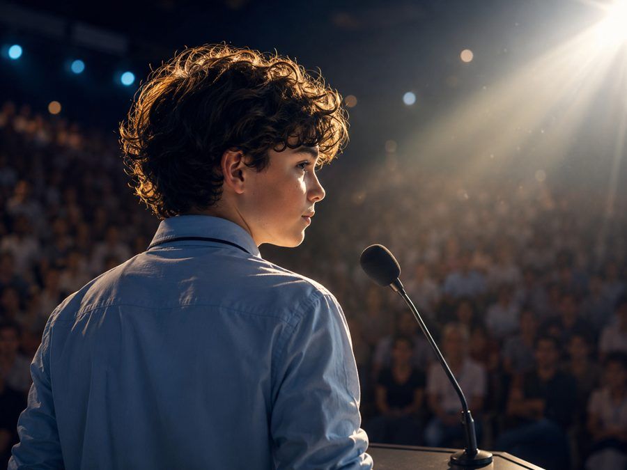 A teenager stands at a lectern microphone under a spotlight, seen from behind, facing a full and half-dark auditorium. The fear is the whole room; the step is the microphone in front of him.