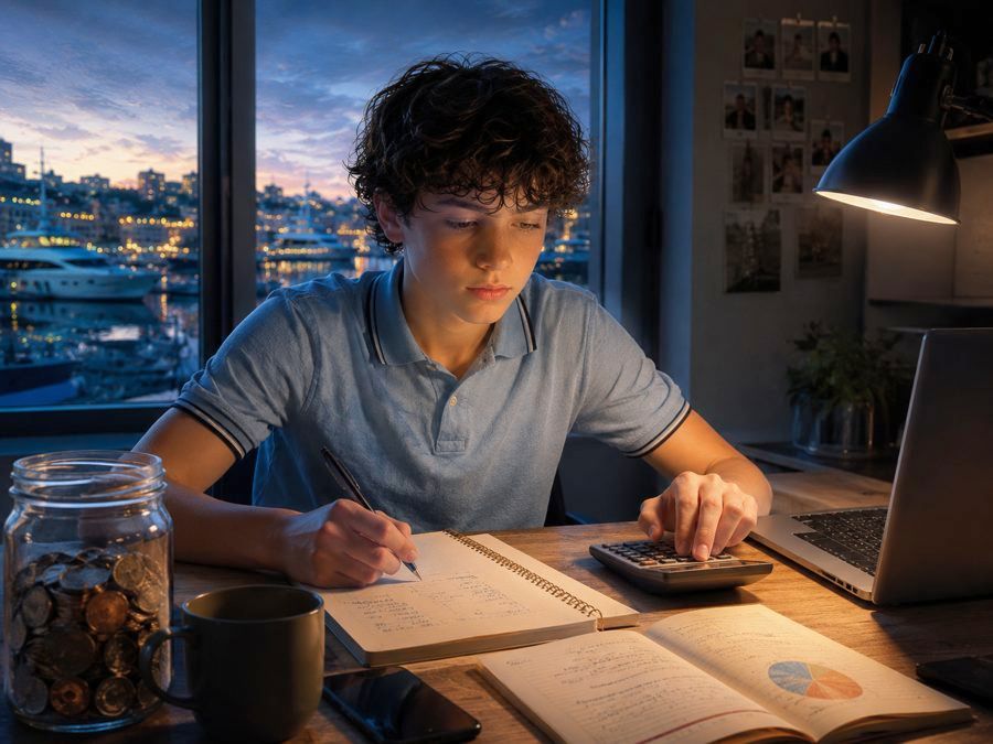A teenager works through figures with a pen, a calculator and a notebook, a glass jar of coins beside him and a hand-drawn pie chart on the open page. Money handled as arithmetic he can do himself.