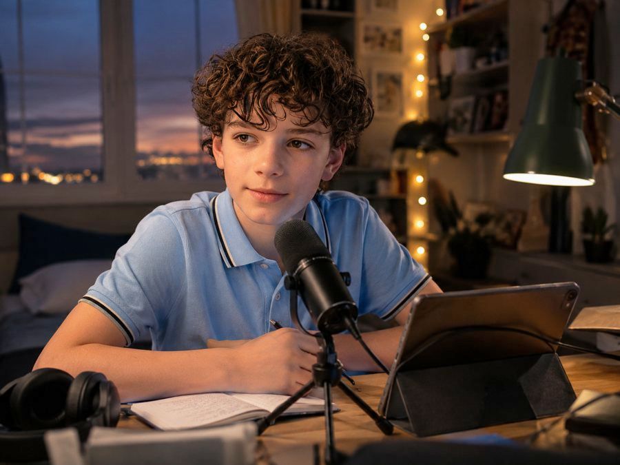 A teenager sits at a desk microphone with a tablet and handwritten notes in front of him, string lights behind, looking just off camera. Ready to say one thing clearly to whoever is actually listening.