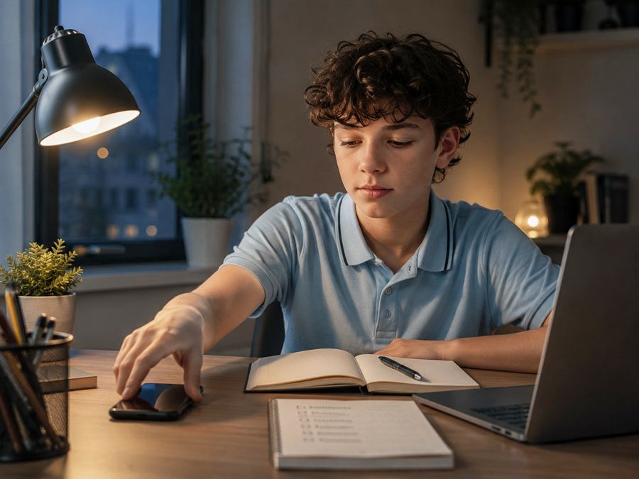 A teenager reaches across his desk to put his phone face down beside an open notebook and a laptop, lamp on, window dark. The choice is small and it is being made on purpose.