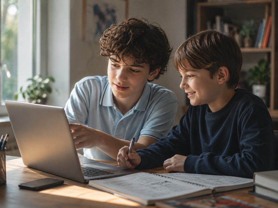 An older teenager points something out on a laptop screen to a younger boy who is grinning, pen held over an open notebook, in daylight at a kitchen table. Rich measured by who is sitting next to you.