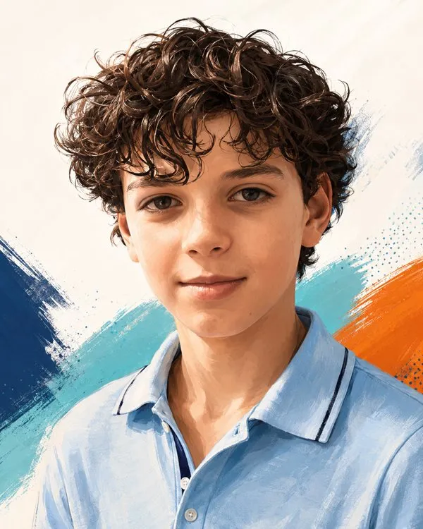 An illustrated portrait of Ryan Rijvers in a light blue polo shirt, against
navy, teal and orange brush strokes on off-white.